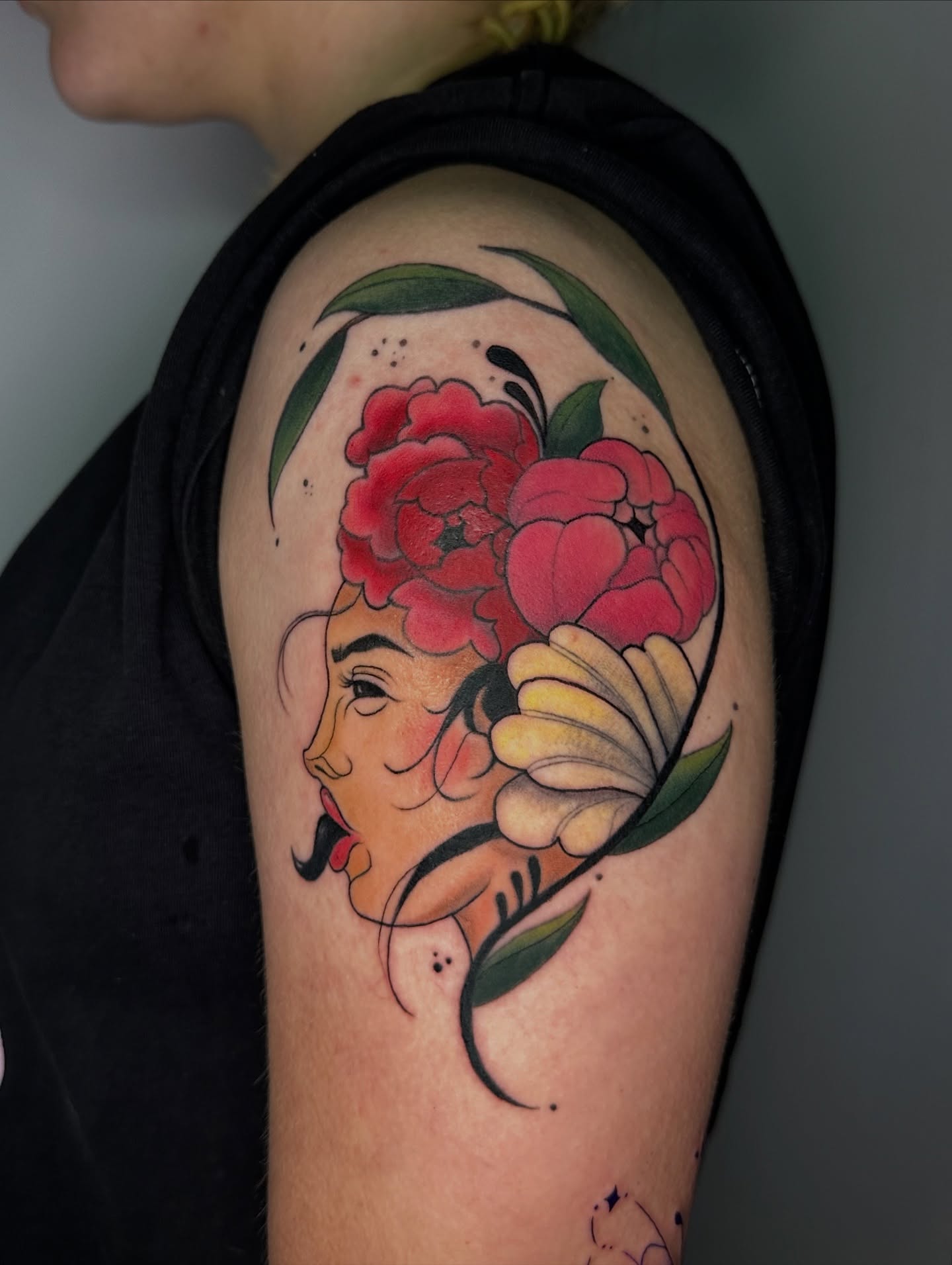 Floral portrait American traditional tattoo on the shoulder by B A B y