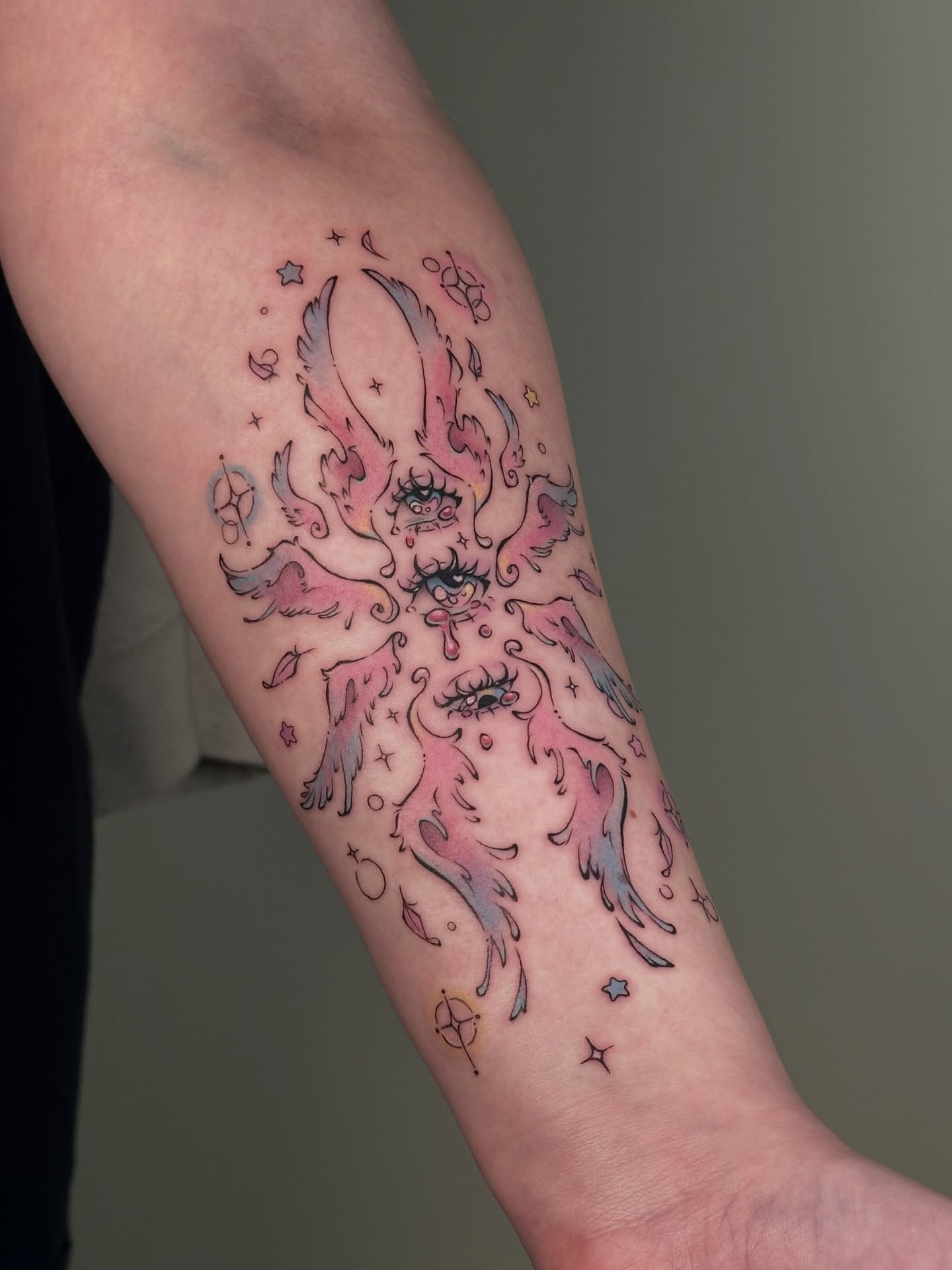 Flaming creature new school tattoo on the forearm by ââŪ. Ý ðķðð―ððð âðĶđËâ seattle tattoo artist, Seattle, Washington