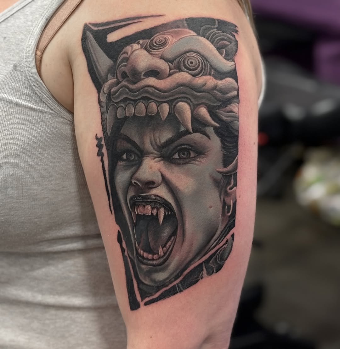 Woman with fangs and mask realism tattoo on the forearm by โ๏ธ Dima Sova โ๏ธ Tattoo ๐บ๐ธ Arlington VA