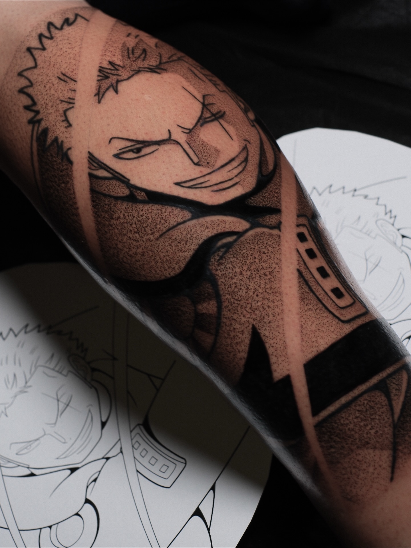 Anime character dotwork tattoo on the forearm by Yakir, Houston, Texas