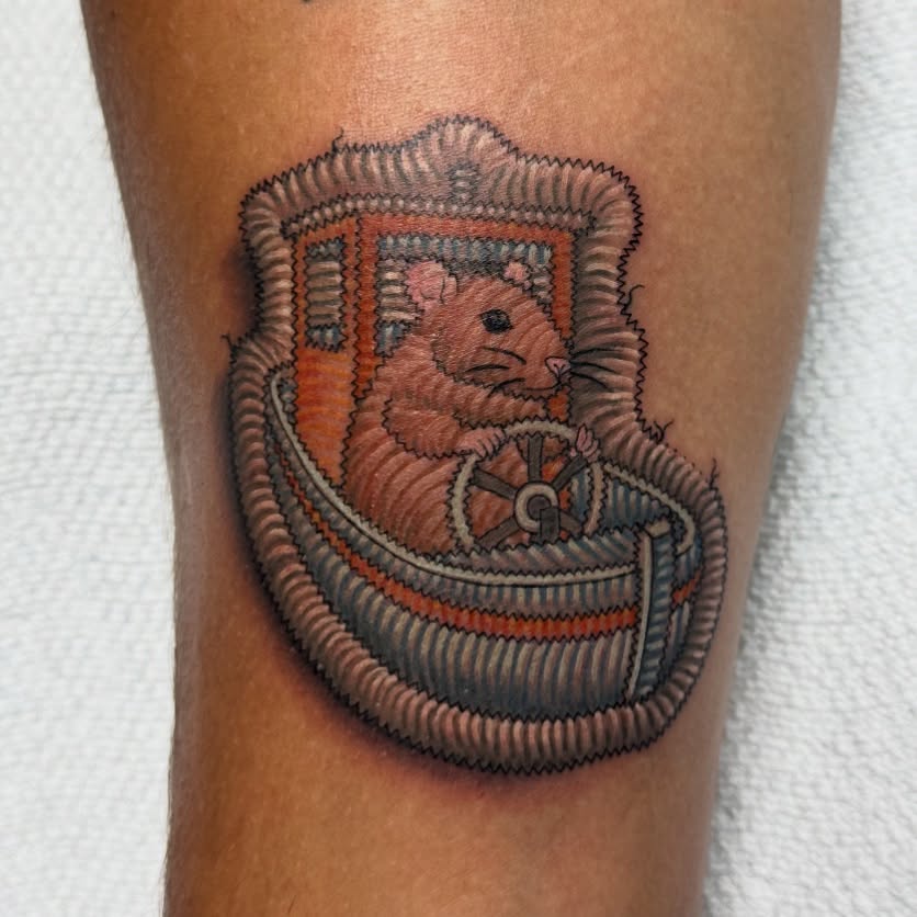 Hamster in a ship American traditional tattoo on the forearm by Lacee-Beth Finch