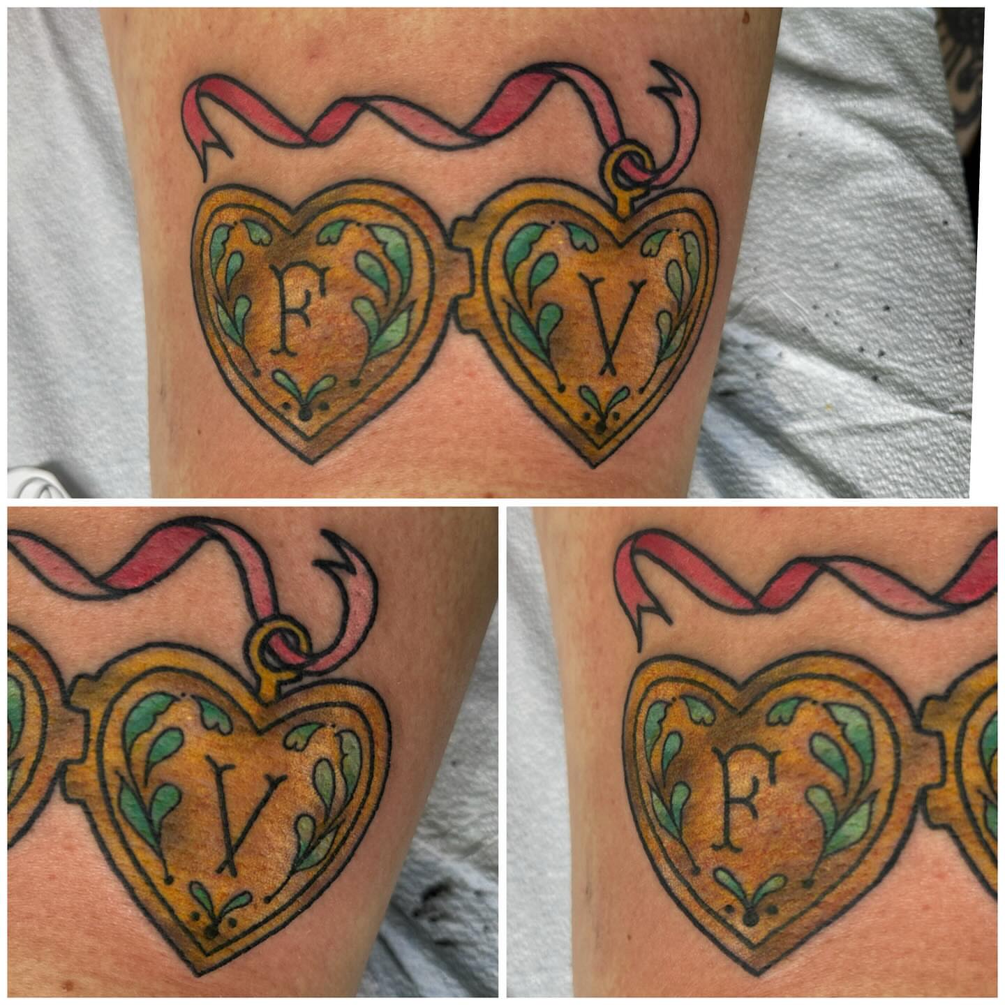 Heart locket American traditional tattoo on the forearm by Andrea Lynne Hastings-Craven Tattoo Artist, Cleveland, Ohio