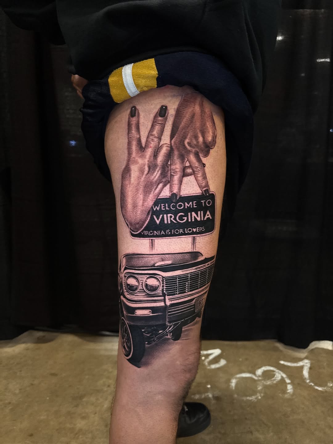 Hands forming letters, car, and sign Chicano tattoo on the thigh by Gee Lagunas 🇲🇽, Springfield, Virginia