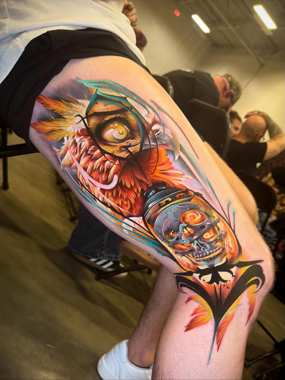 Owl eye and skull lantern surrealism tattoo on the thigh by Franz Muñoz