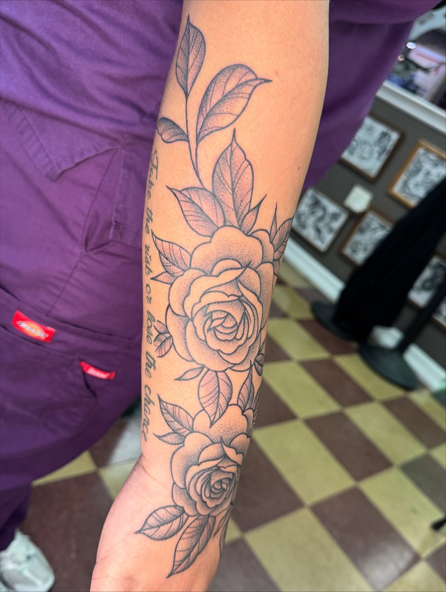Roses black and grey tattoo on the forearm by Cora Phelps