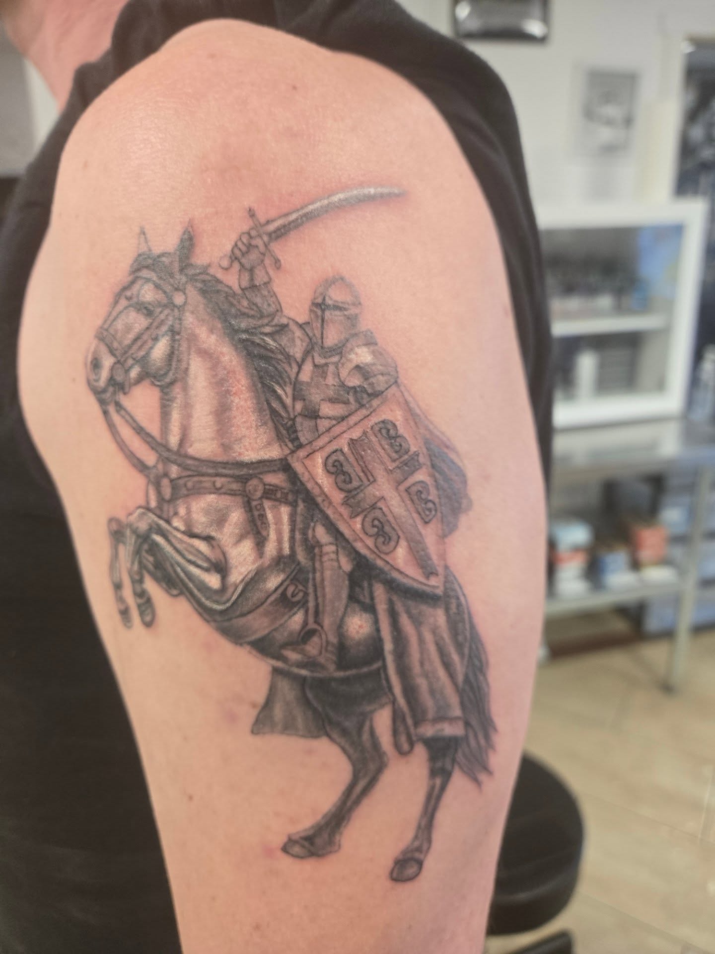 Knight on horseback black and grey tattoo on the shoulder by Jose G. Rubio Tattoo Artist πΊπ²ππ¨π¦