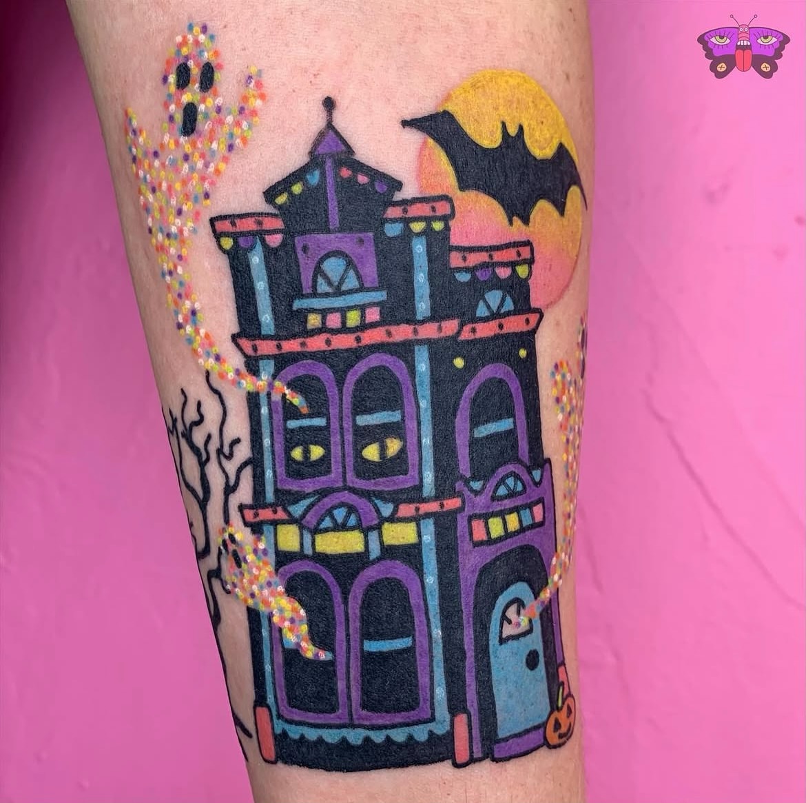 Haunted house dotwork tattoo on the forearm by Jess Koala, San Francisco, California
