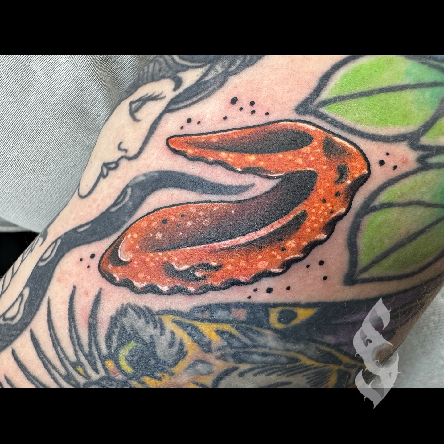 Bird American traditional tattoo on the upper arm by Amanda Stampfly