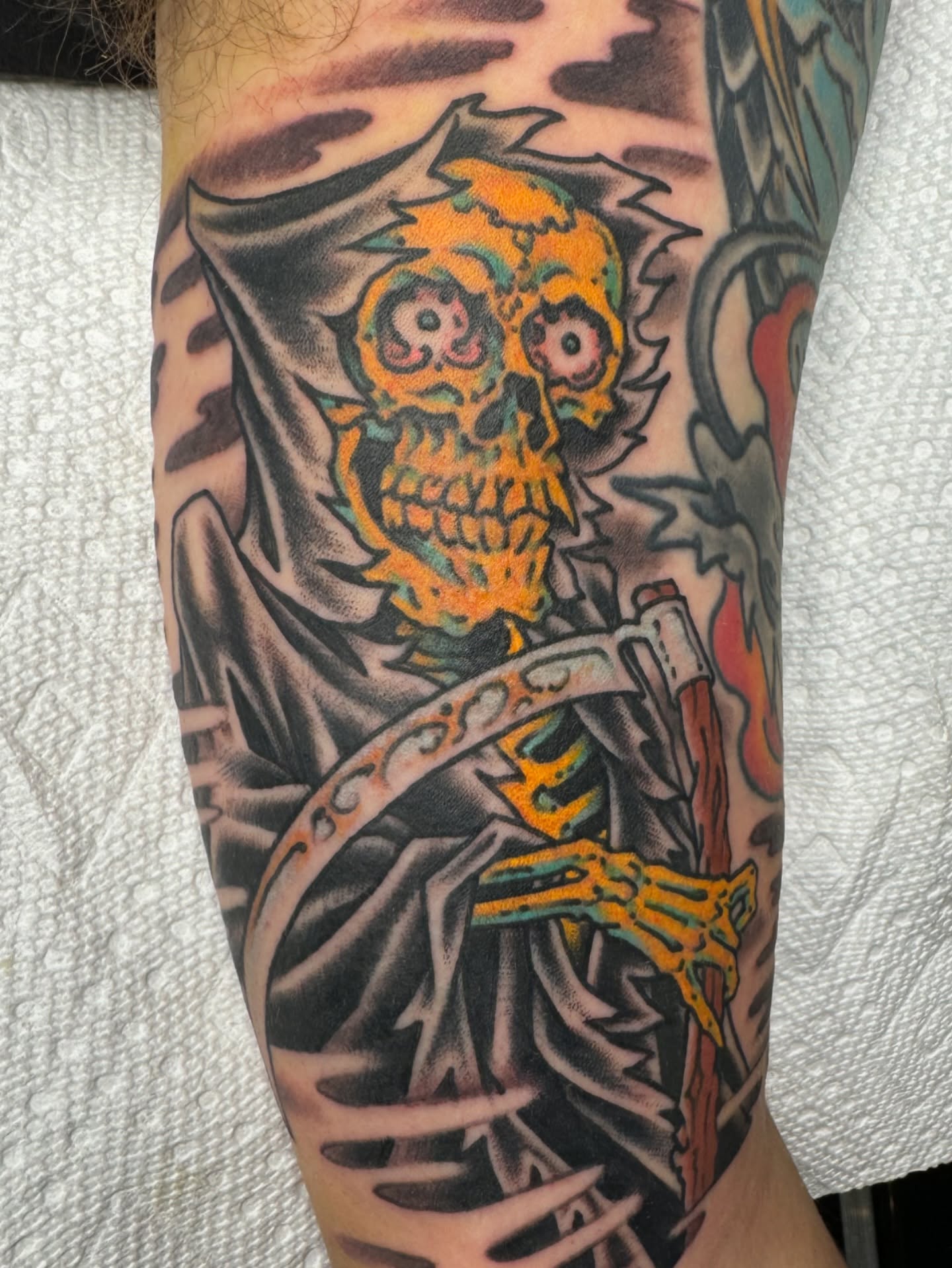 Grim reaper American traditional tattoo on the forearm by J Ranno, Richmond, Virginia