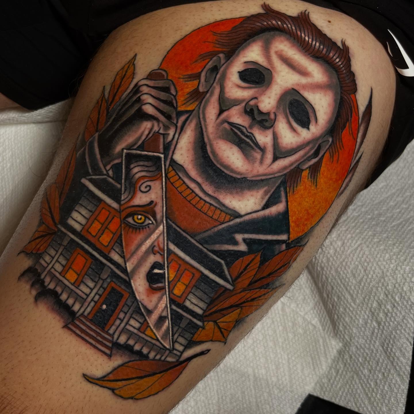 Michael Myers American traditional tattoo on the thigh by Sara Lewis