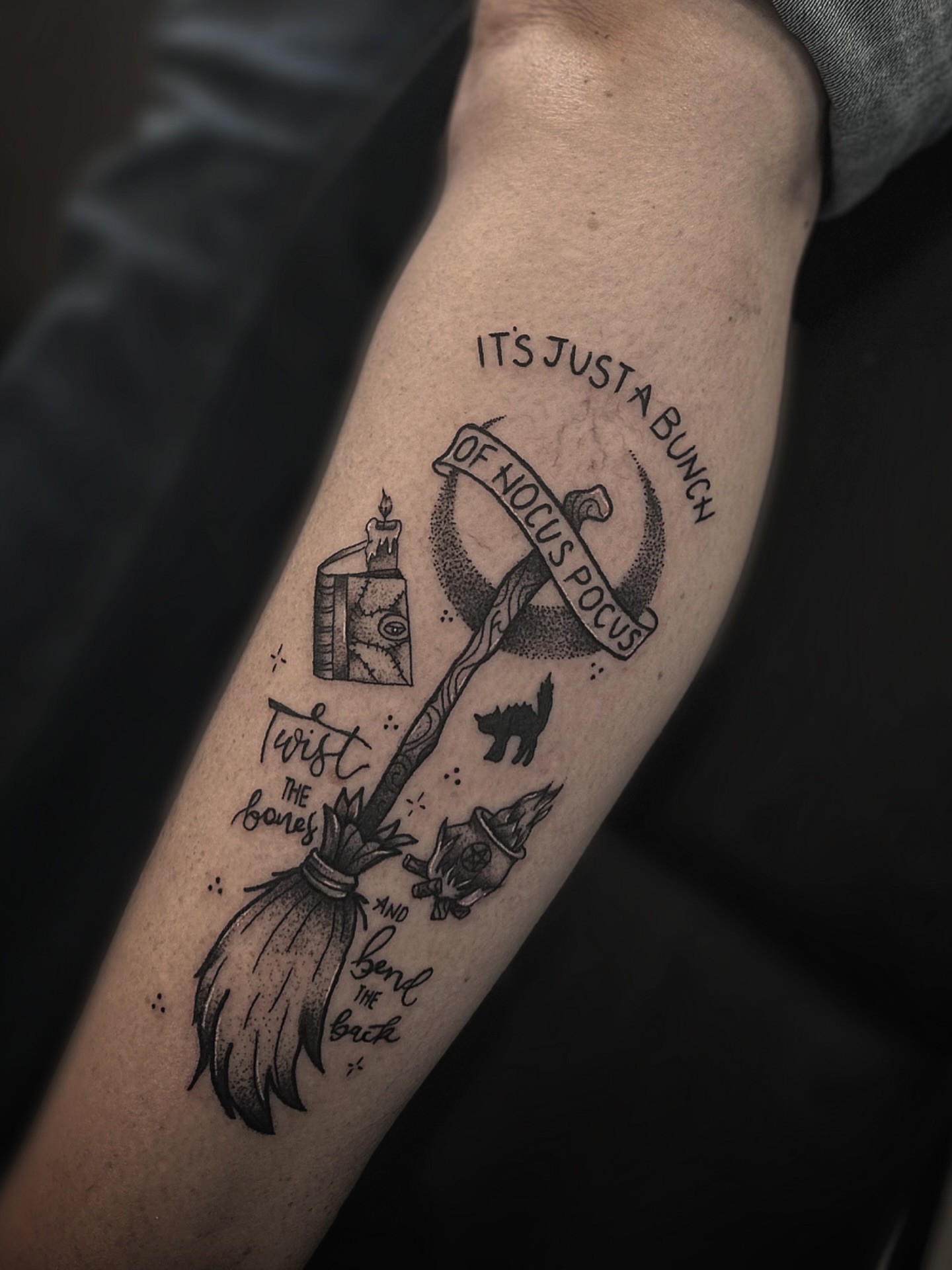 Hocus pocus black and grey tattoo on the forearm by E L I Z A H B e T H H D e S I G N S