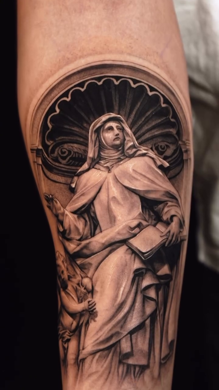 Woman statue and book realism tattoo by Kid Needle
