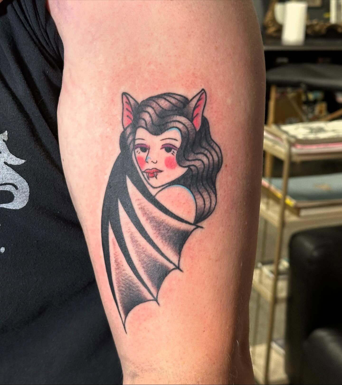 Bat woman anime tattoo on the forearm by Kerri Colello Sittenauer