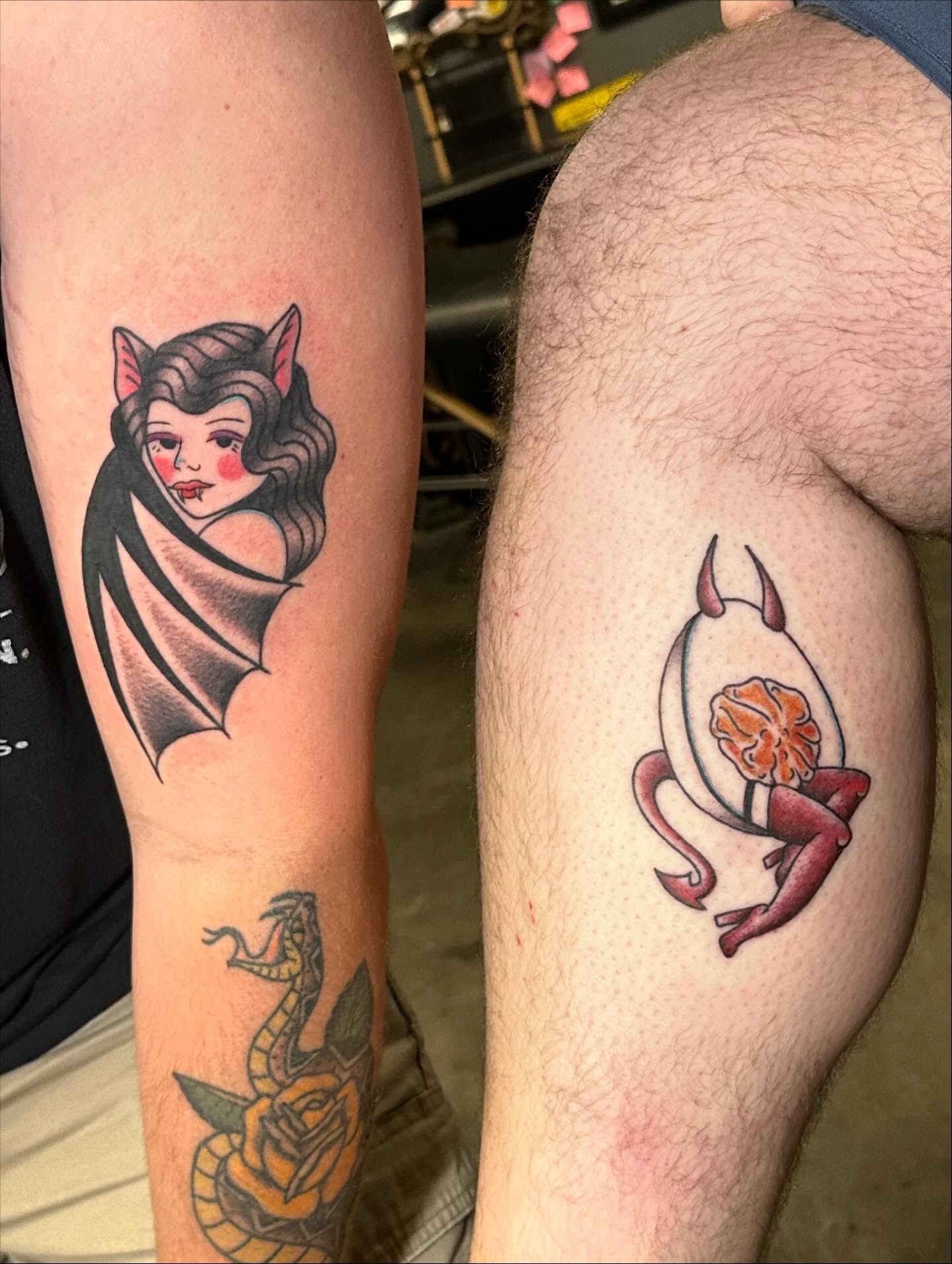 Bat woman American traditional tattoo on the forearm by Kerri Colello Sittenauer