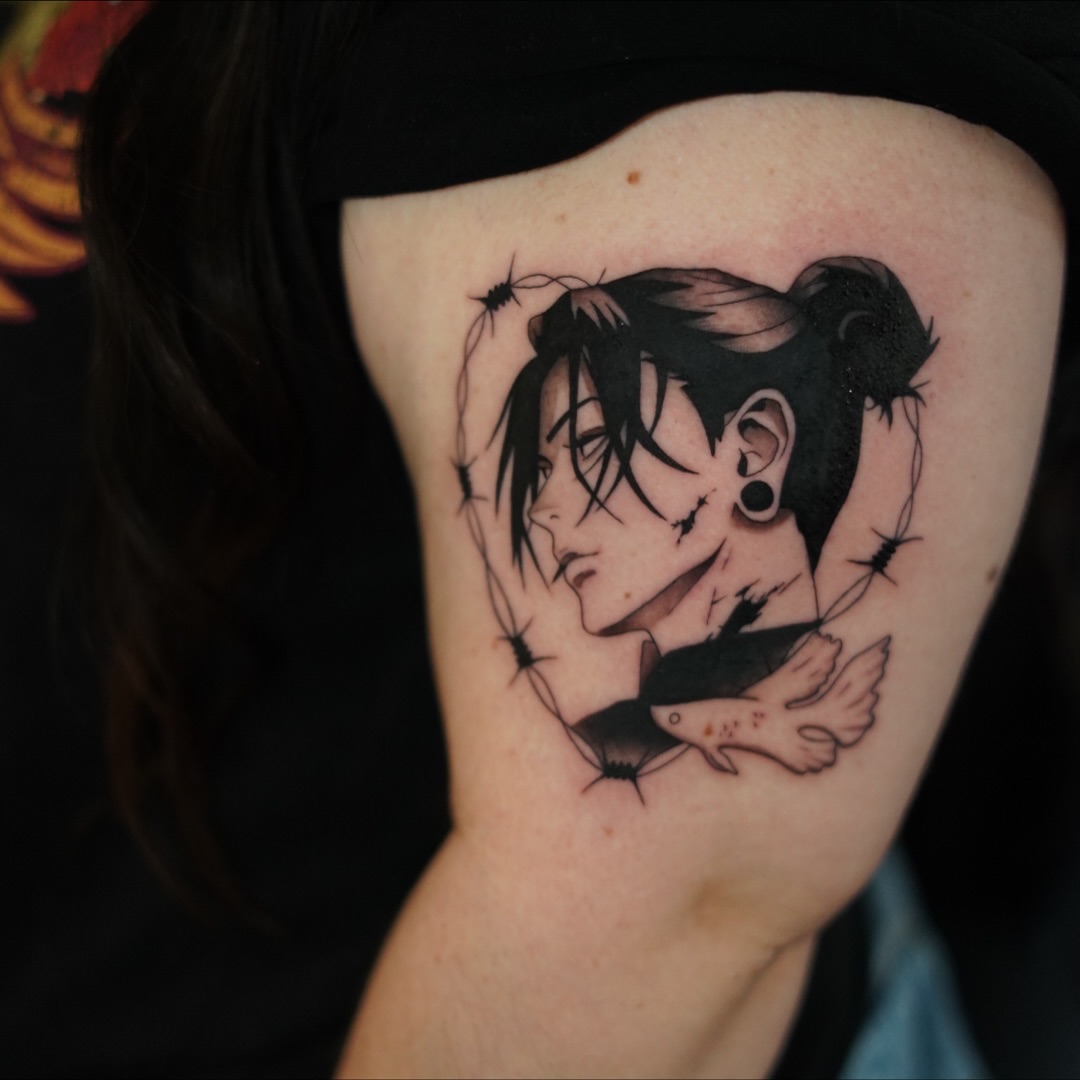 Tattoo by @julioferrerart — anime, black_and_grey