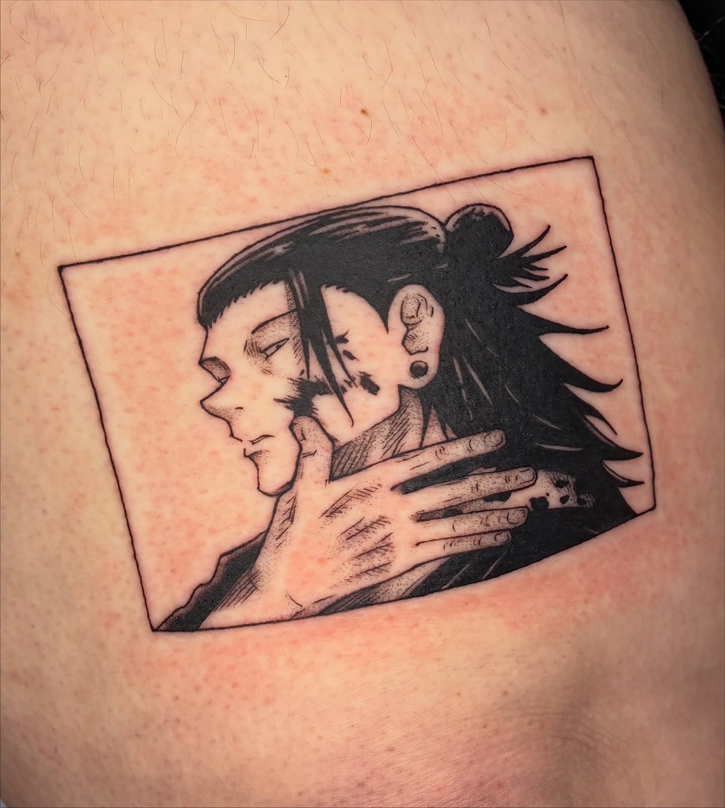 Couple embracing anime tattoo on the back by Lance 🦈