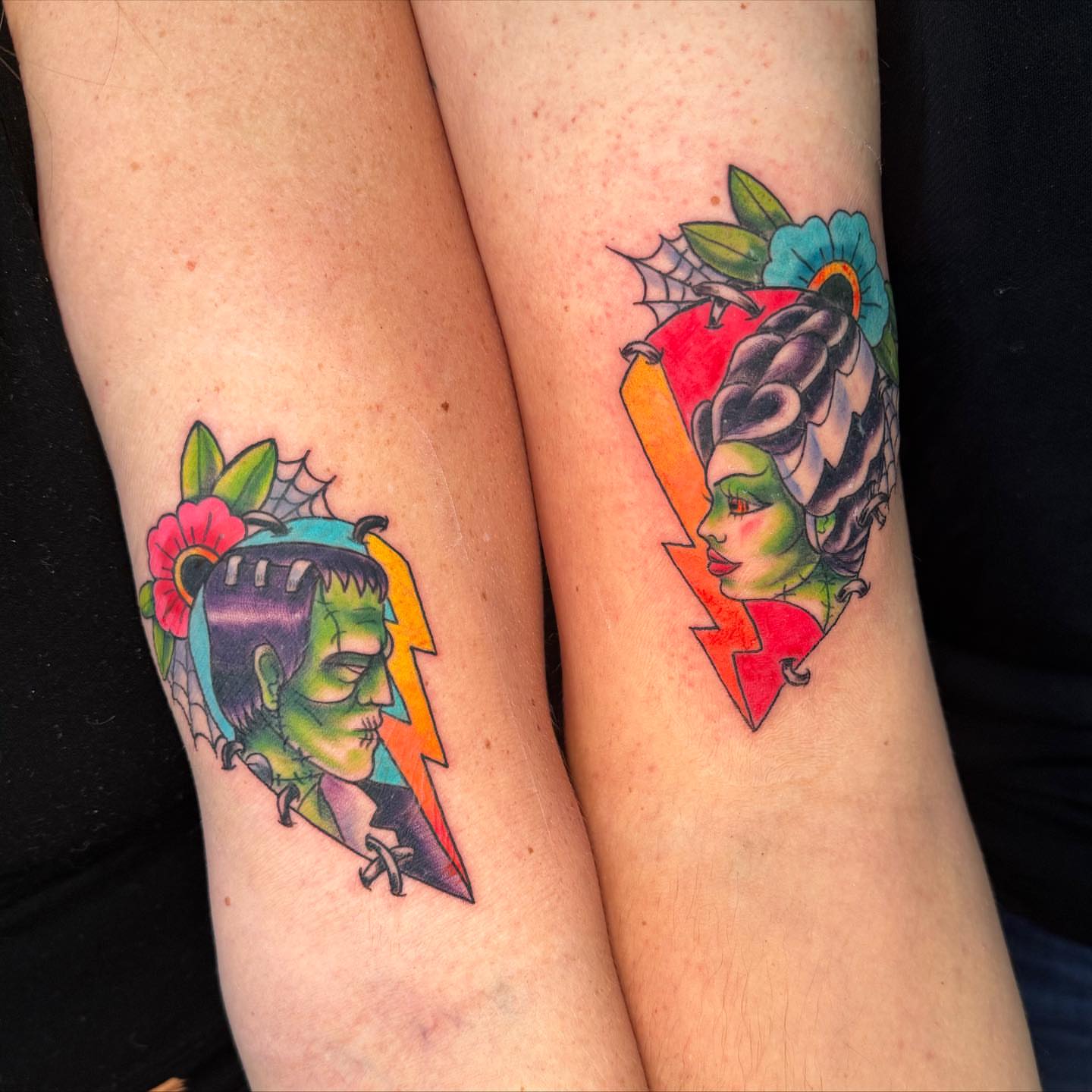 Monster and woman American traditional tattoo on the thigh by Breanna B