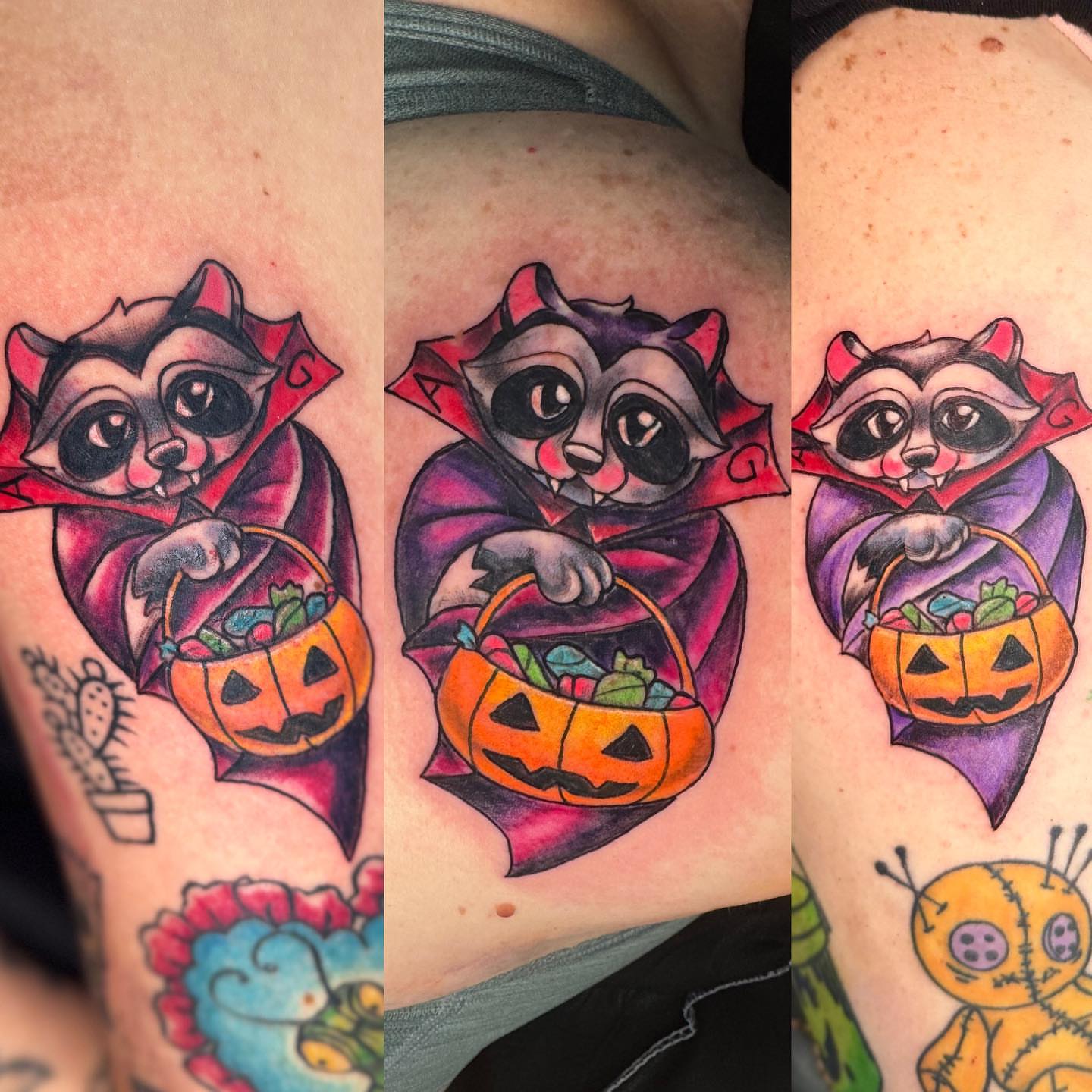 Raccoon in vampire costume American traditional tattoo on the upper arm by Breanna B