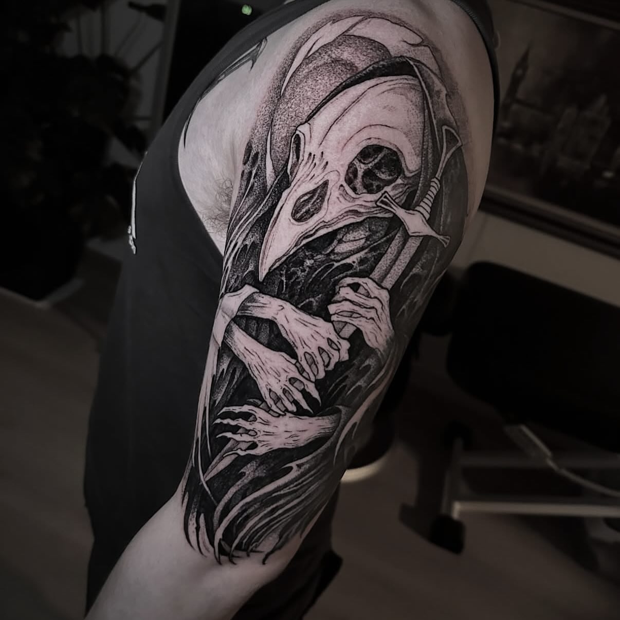 Tattoo by @pablomoreiratattoo — dotwork, black_and_grey