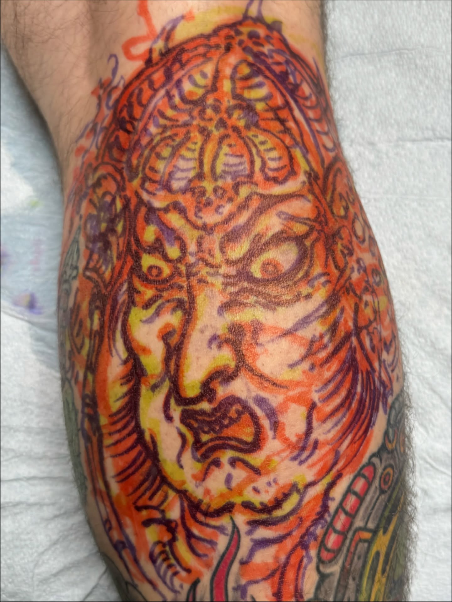 Mask American traditional tattoo on the forearm by J Ranno, Richmond, Virginia