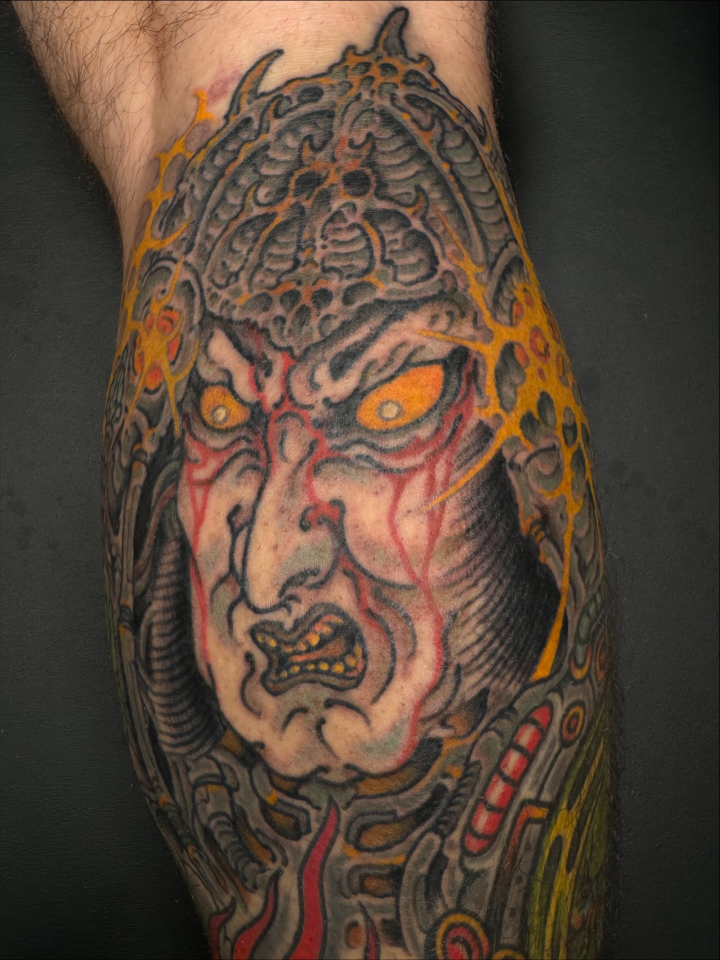 Demon face dark realism tattoo on the forearm by J Ranno, Richmond, Virginia