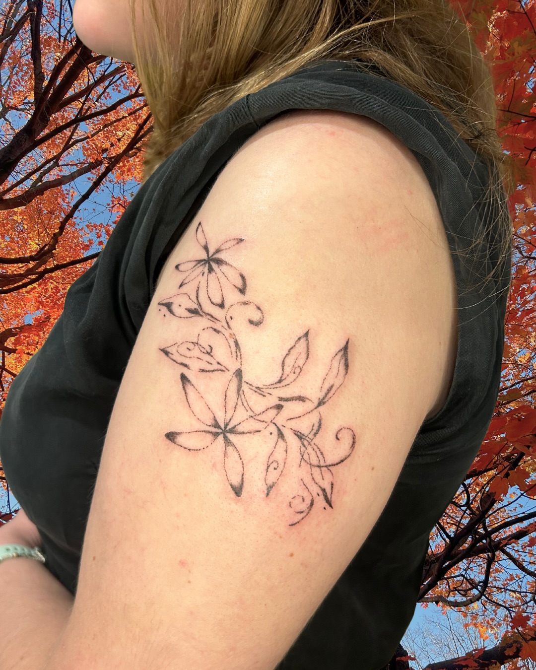 Floral design black and grey tattoo on the shoulder by wanderfernfairy