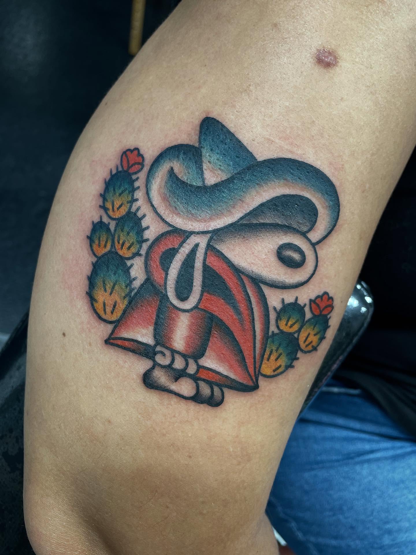 Cowboy hat and cactus American traditional tattoo on the thigh by Kat, Sacramento, California