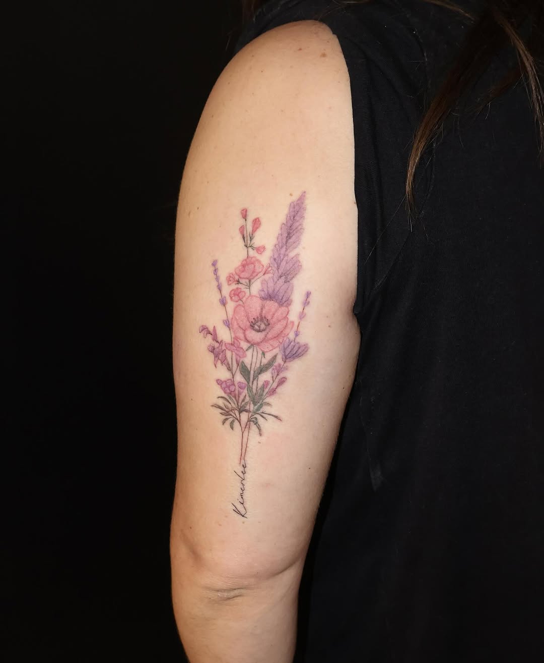 Floral bouquet with script watercolor tattoo on the forearm by TolzinInk, Brookings, South Dakota