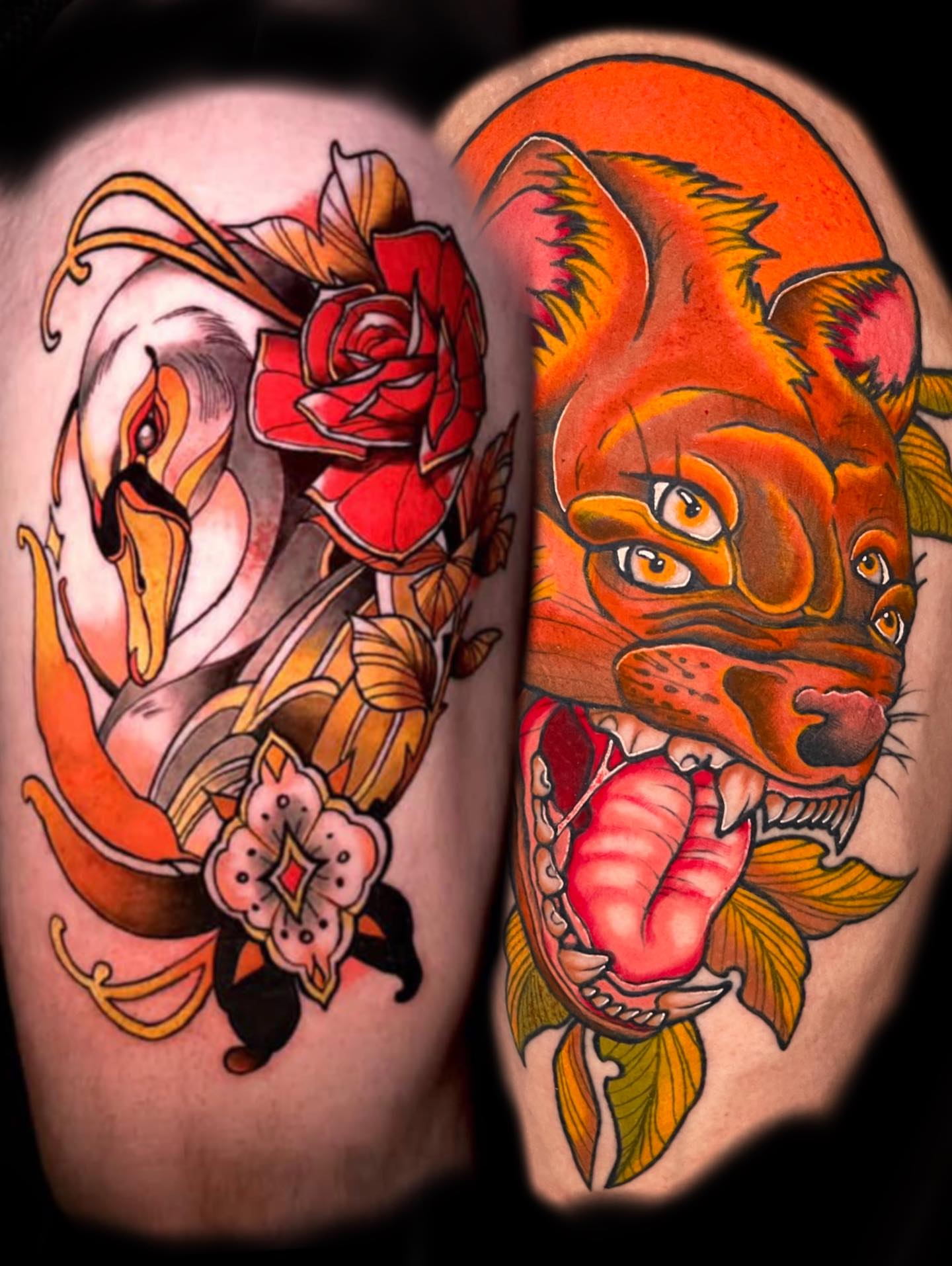 Tiger and flowers American traditional tattoo on the thigh by Jordan Rubin, Dunedin, Florida