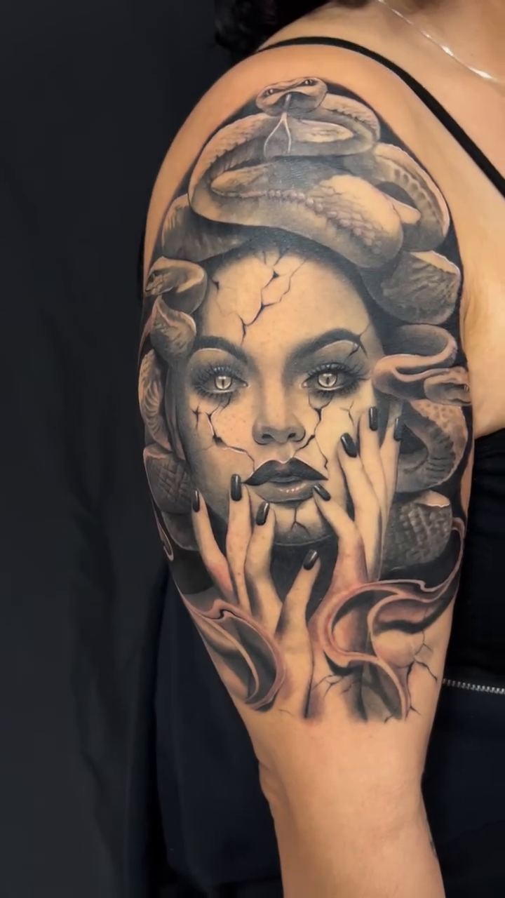 Medusa portrait realism tattoo by Thomas Conard