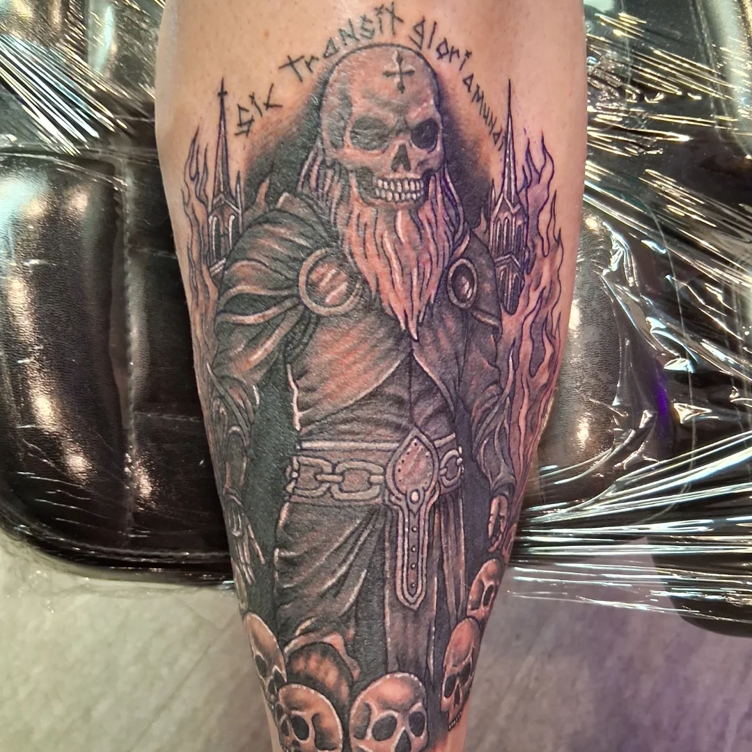 Skull warrior dark realism tattoo on the forearm by Dave Johnson, Billings, Montana