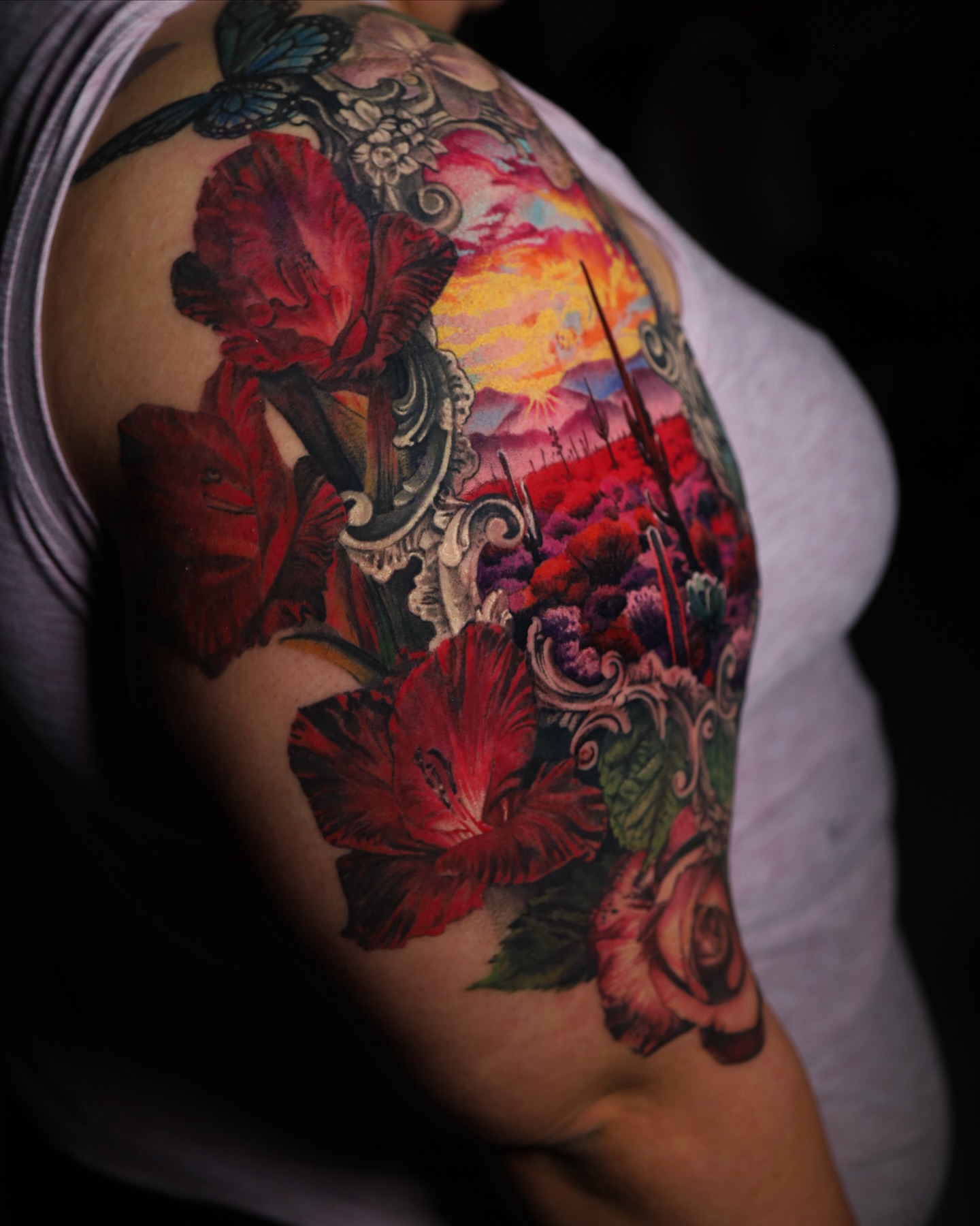 Floral landscape new school tattoo on the shoulder by Gabriel Varelas, Phoenix, Arizona