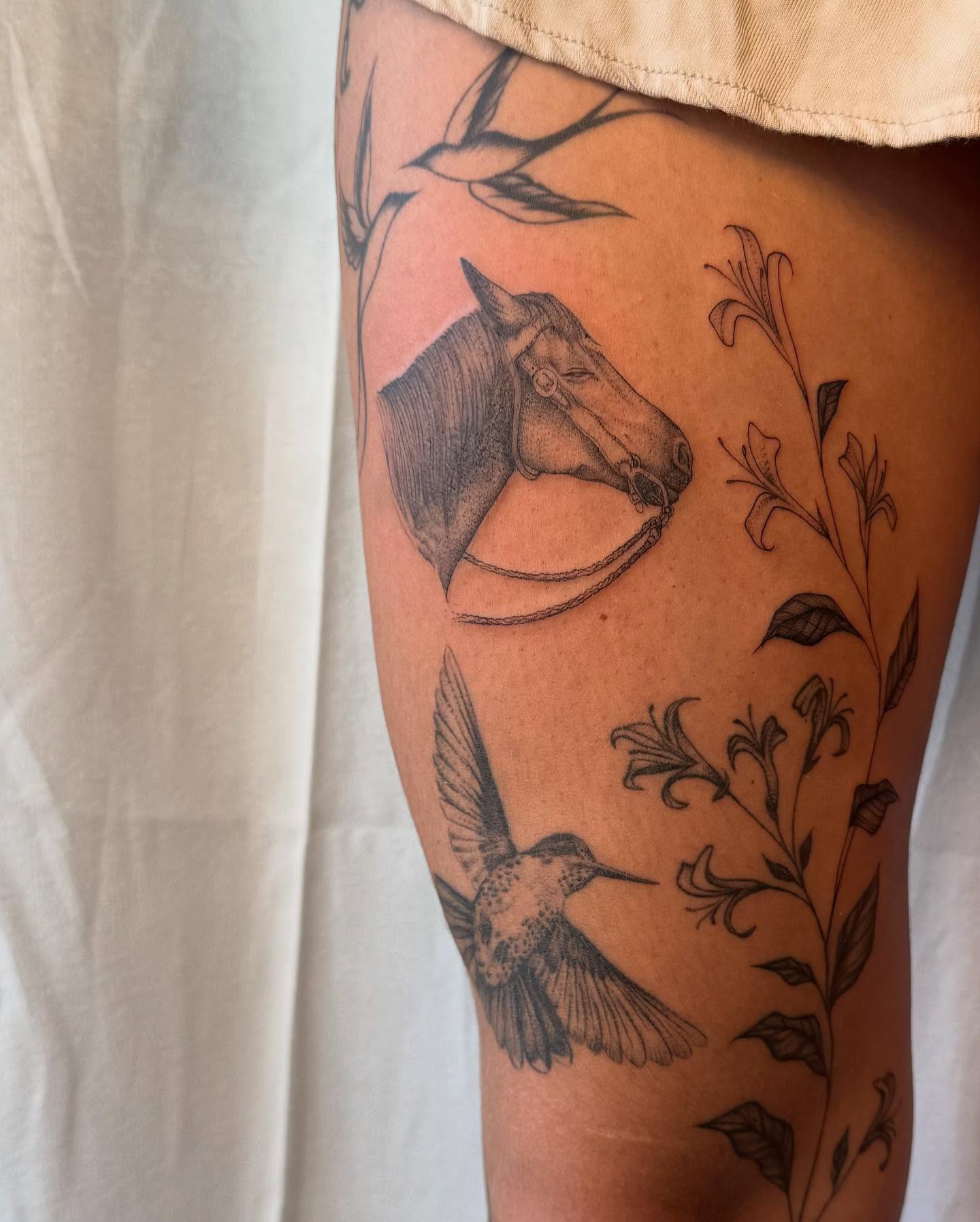 Horse and hummingbird realism tattoo on the thigh by RyAnn Lynn