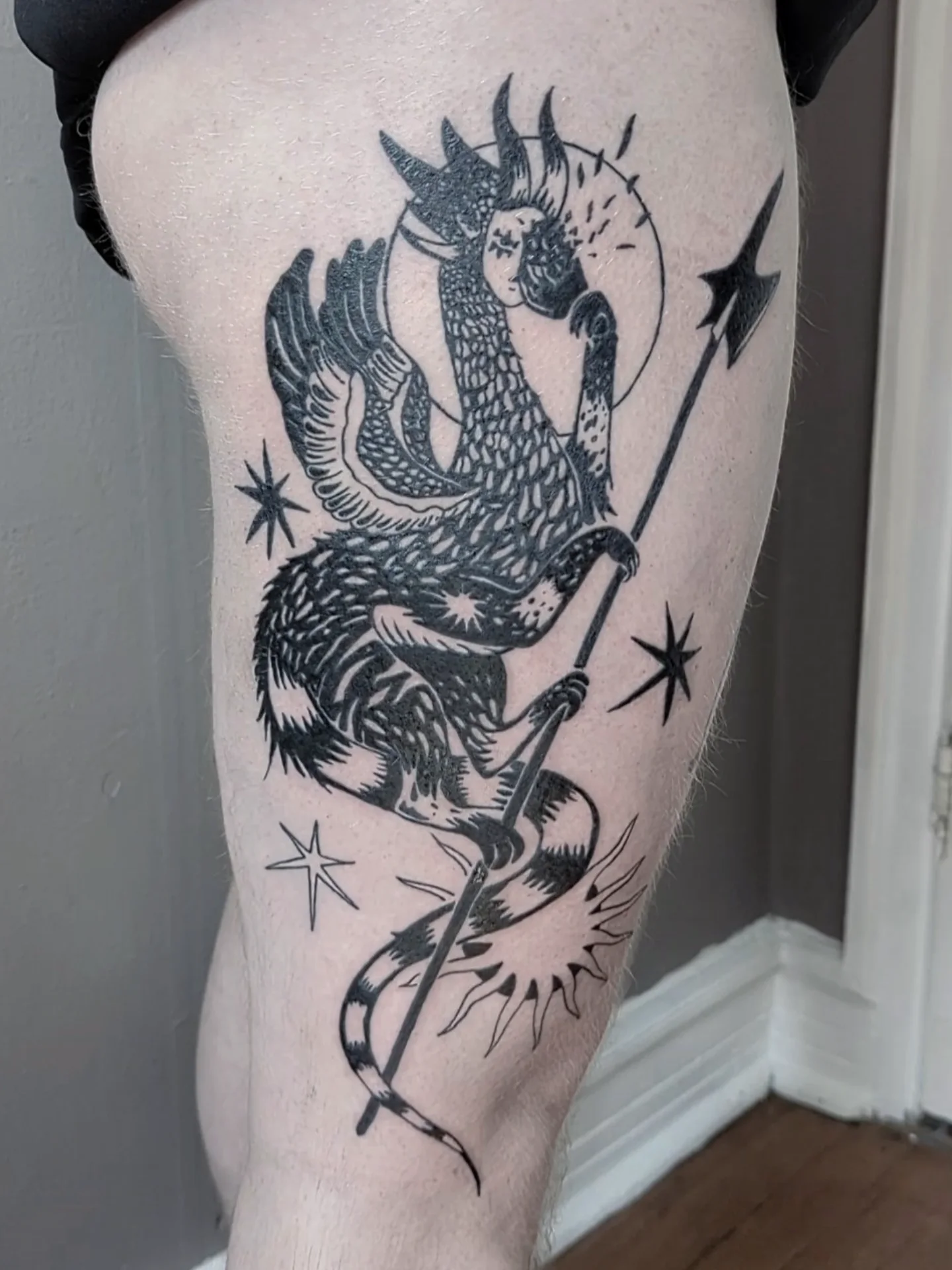 Phoenix black and grey tattoo on the thigh by Patricio