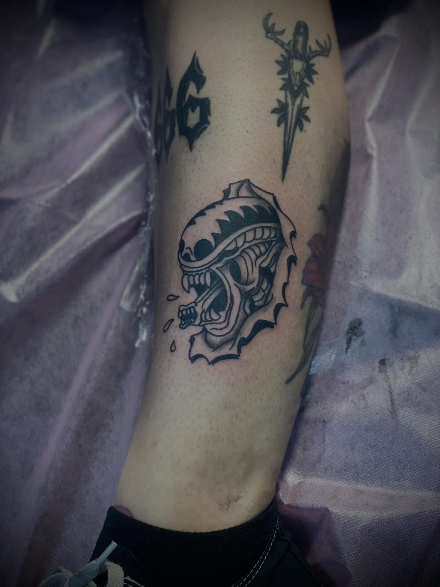 Alien skull realism tattoo on the forearm by Kaylee 🗡️