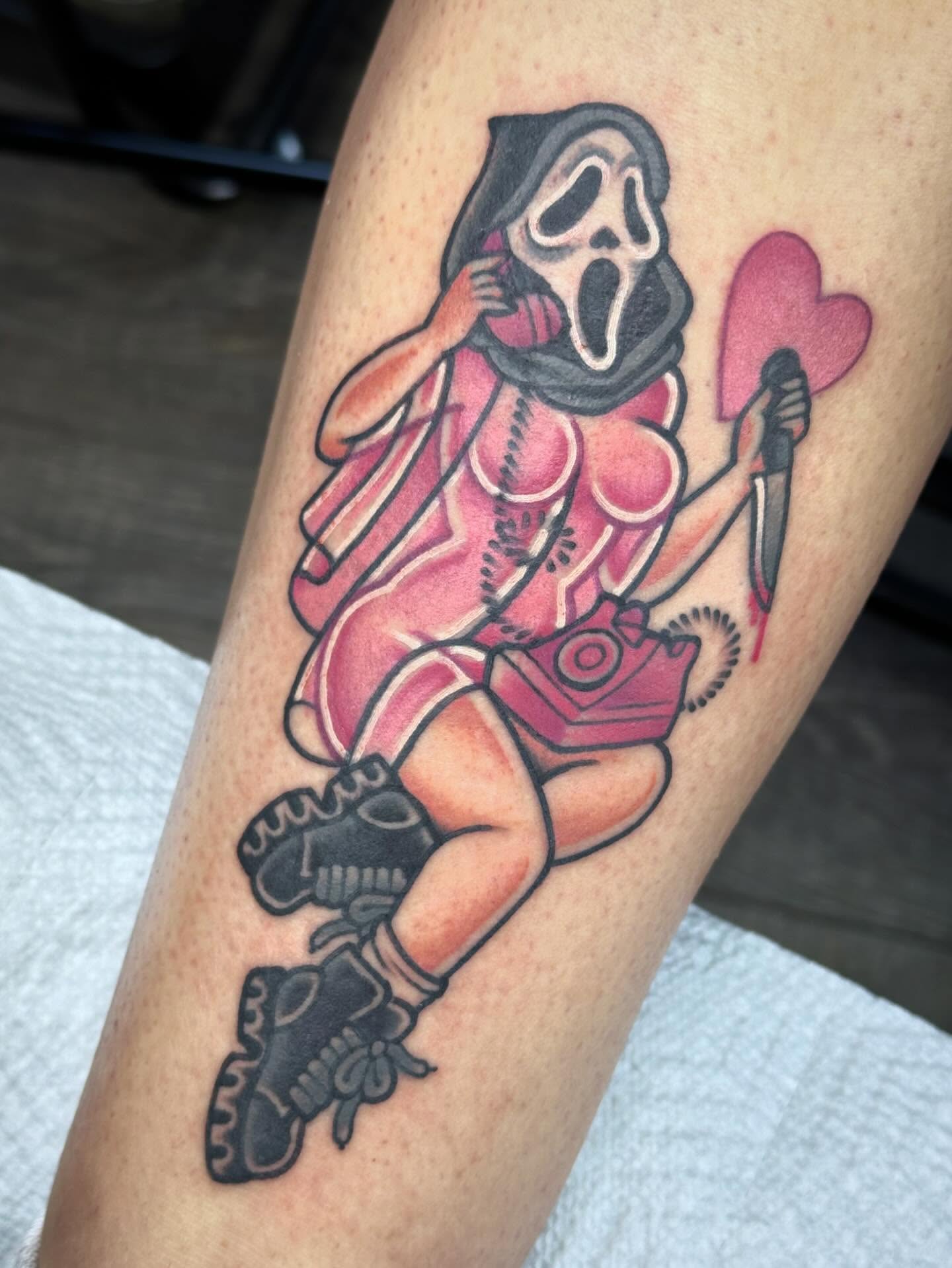 Scream ghost girl American traditional tattoo on the thigh by Ginny Marie Kalnasy