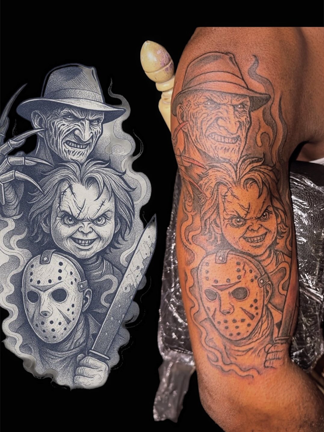 Horror movie characters black and grey tattoo on the forearm by Jihaad staley π¦, Charlotte, North Carolina