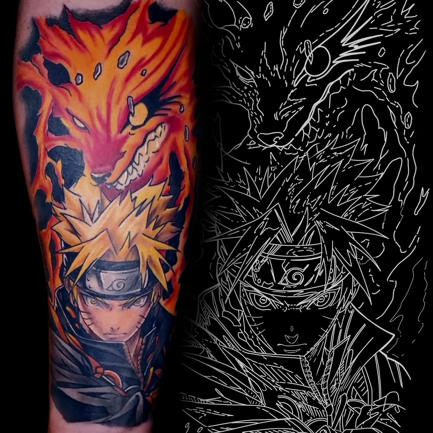 Fox and naruto anime tattoo on the forearm by Levi Ropp, Findlay, Ohio