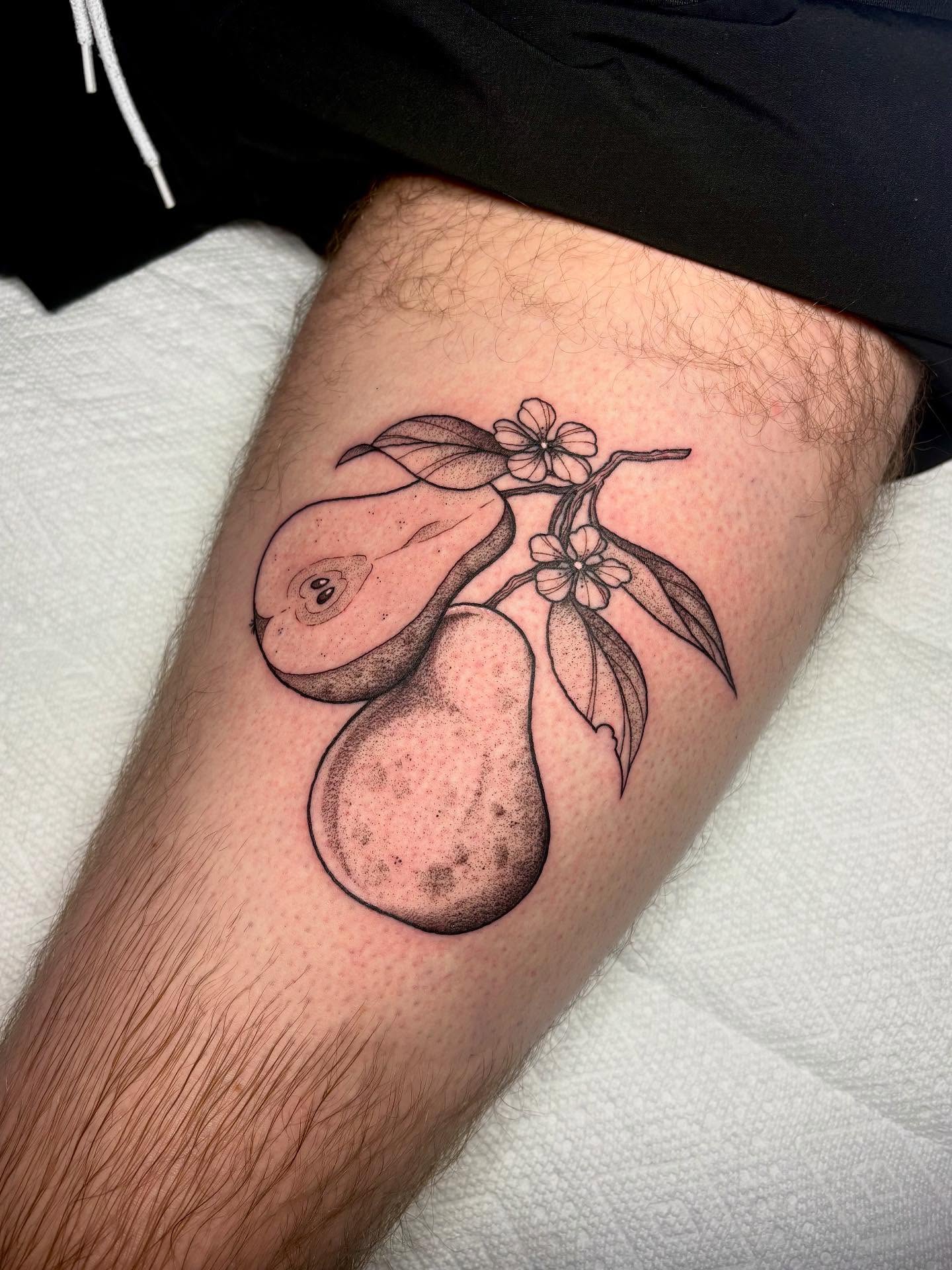 Pear and flowers dotwork tattoo on the thigh by ⓣⓞⓡⓘ, Bangor, Maine