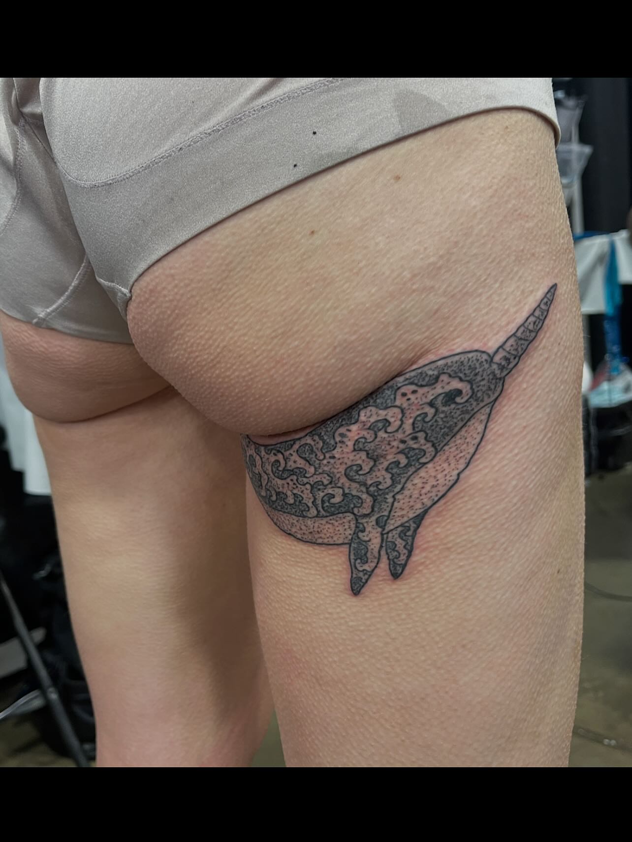 Whale dotwork tattoo on the thigh by Don Juan