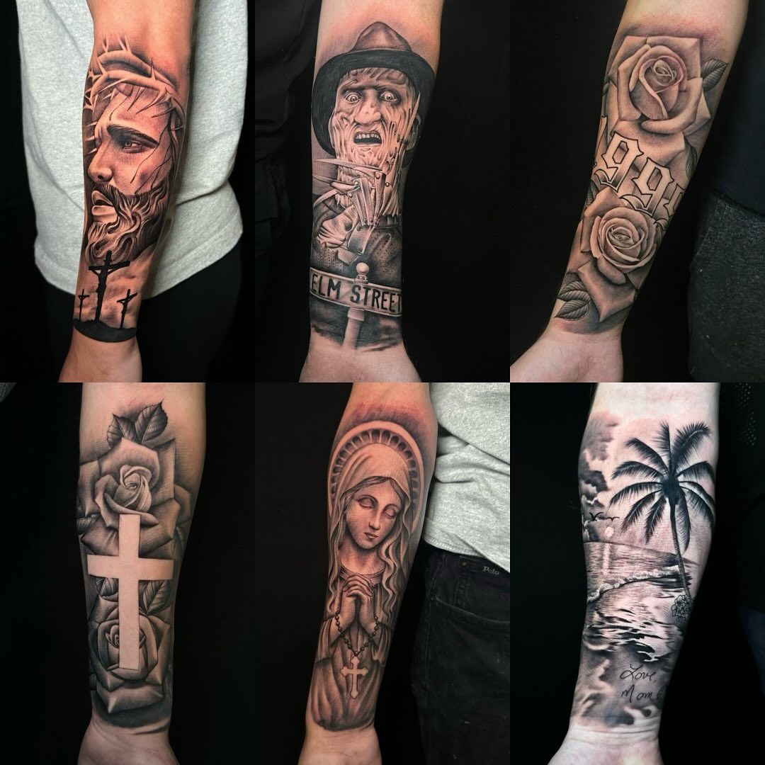 Religious figures realism tattoo on the forearm by George Maldonado Austin, Austin, Texas