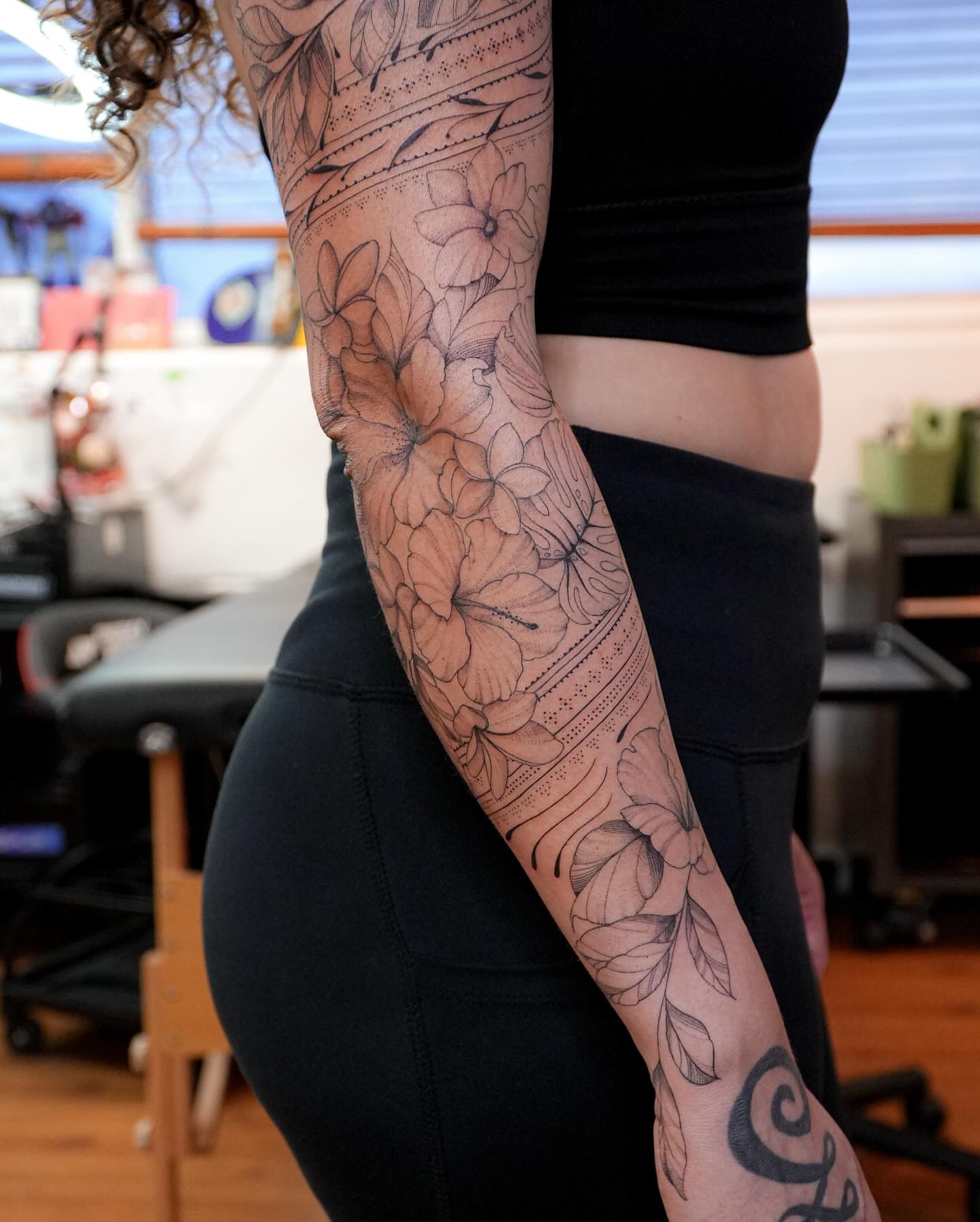 Floral pattern black and grey tattoo on the forearm by Pandora ✨ Floral, Los Angeles, California