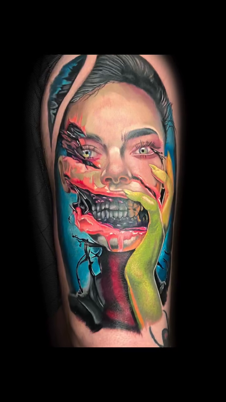 Deconstructed face realism tattoo by Brandon Bowie