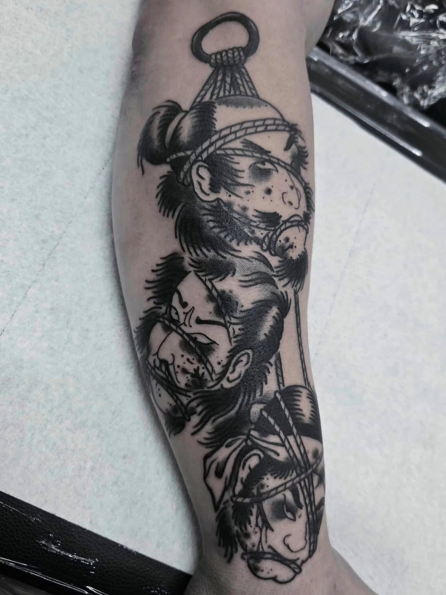 Samurai warrior black and grey tattoo on the forearm by ๐