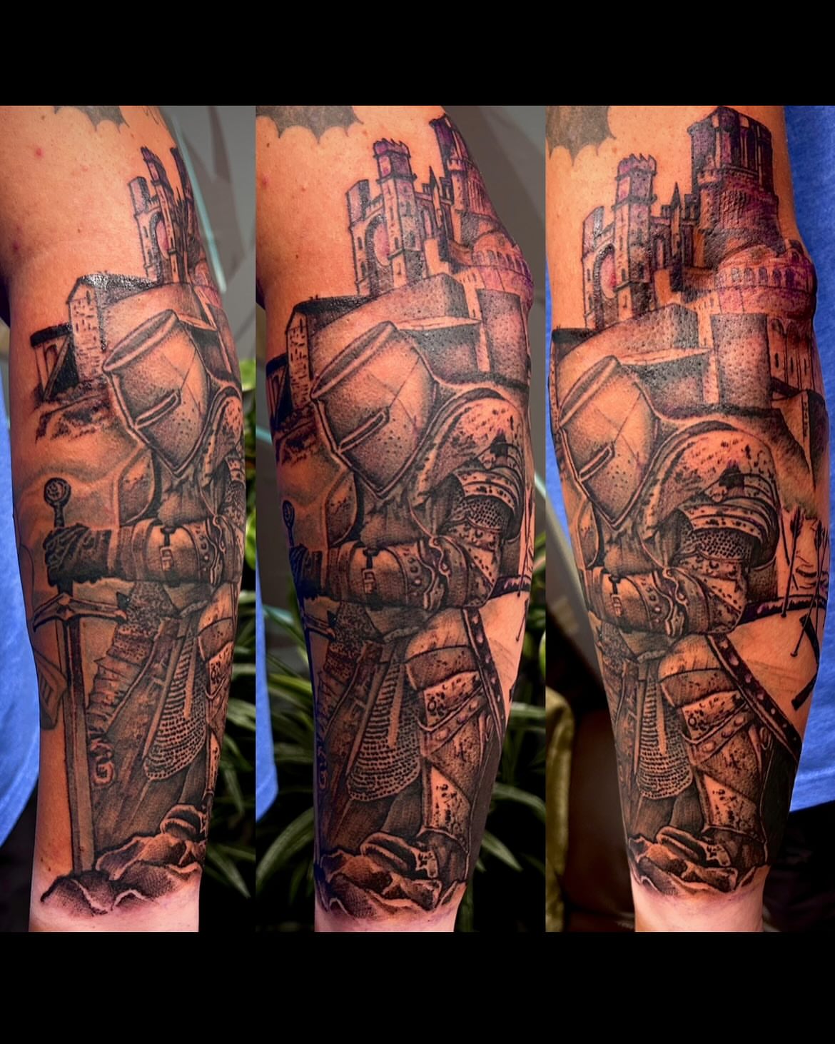 Knight and castle black and grey tattoo on the forearm by Jon Byrd