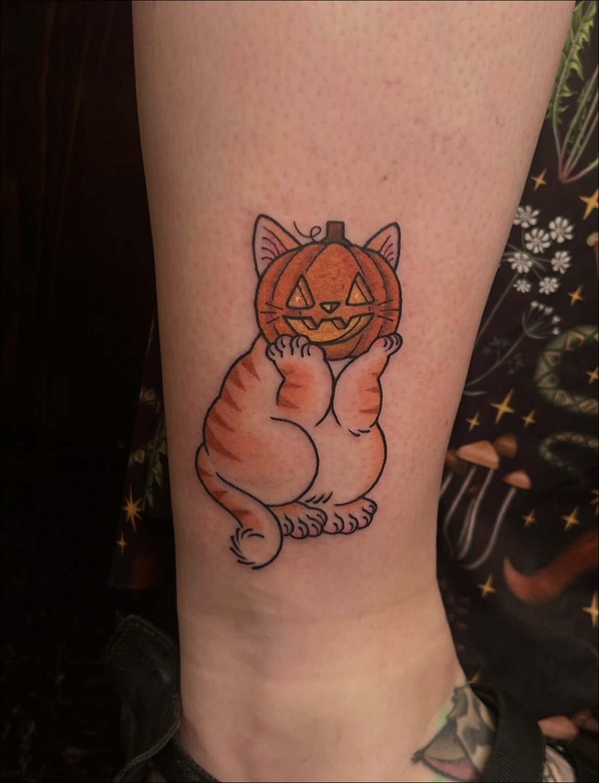 Cat with pumpkin head illustrative tattoo on the forearm by Tattoos by Abbey