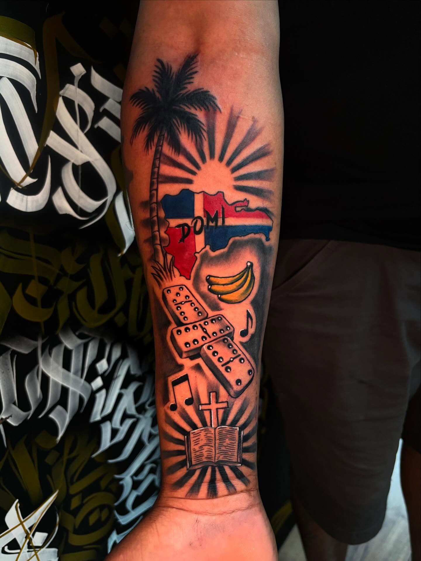 Dominican culture tattoo on the forearm by Daero Tattoo, New York, New York