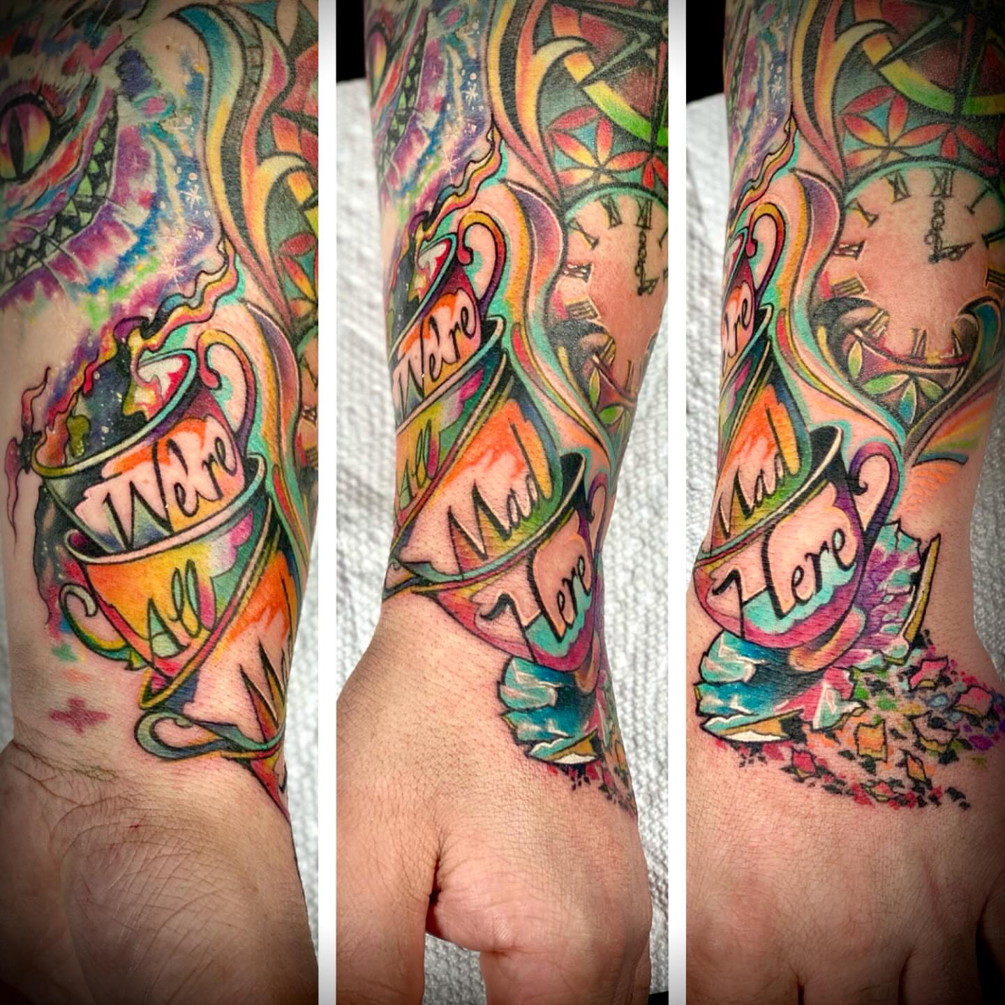 Mad tea party new school tattoo on the forearm by Chris Klee