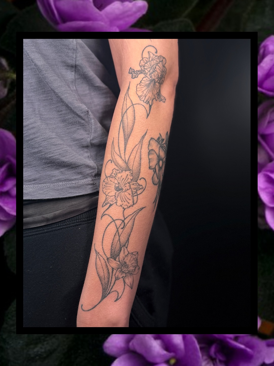 Flowers black and grey tattoo on the forearm by Sydney