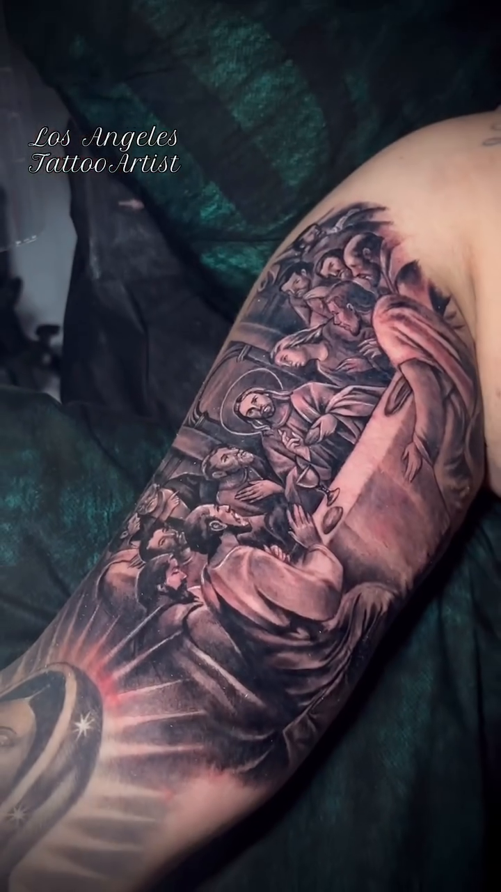 Religious scene with angel realism tattoo by Yely 🎭 Tattoo Artist